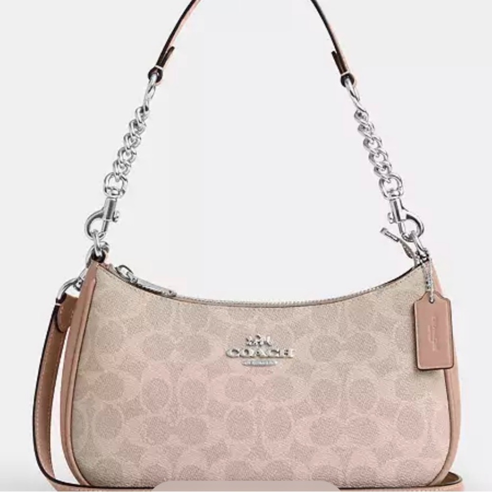 Coach Signature Canvas Shoulder Bag in Beige with Tan Trim